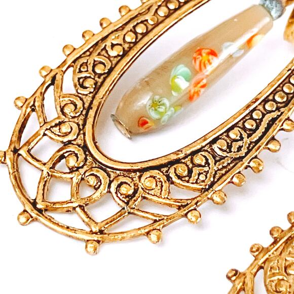 Vintage Mid Century Clip On Earrings Millefiori Art Glass Filigree Gold Tone - Picture 5 of 9